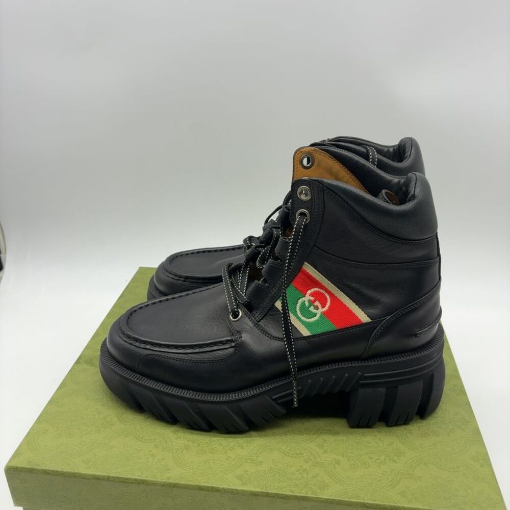 Gucci Brixton Black Leather Web Stripe Combat Boots